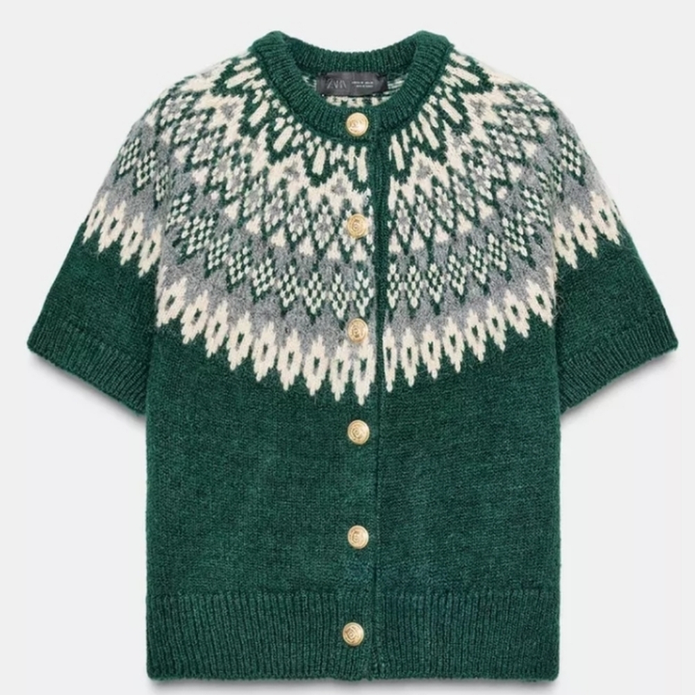 ZARA SHORT SLEEVE JACQUARD KNIT JACKET NWT Wool & Alpaca Blend